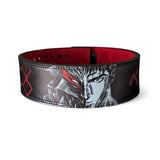 Close-up of Berserk powerlifting belt featuring the brand logo and secure lever buckle, ideal for serious lifters and anime fans.