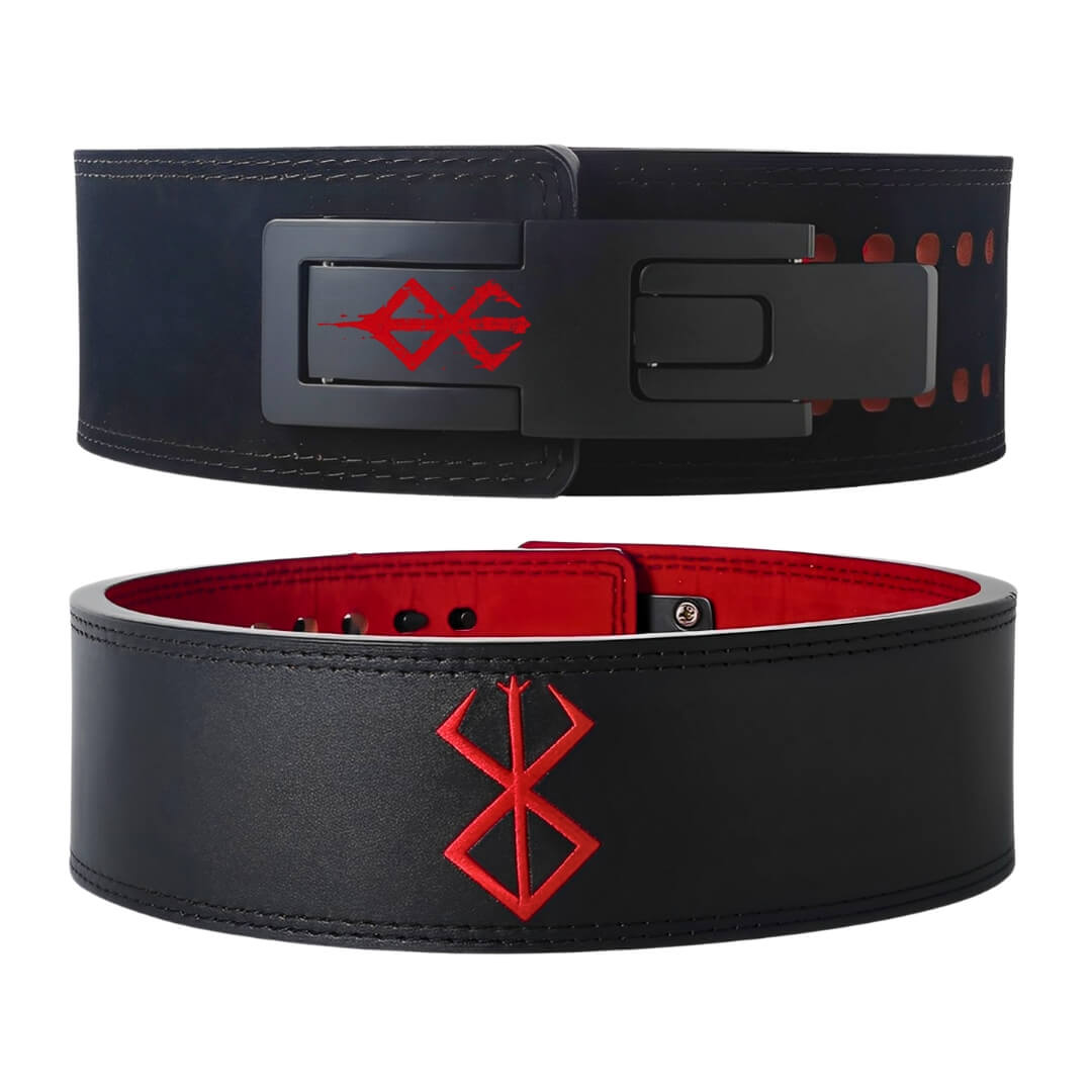 Front and rear view of Berserk Lifting Belt. This anime-inspired, adjustable lever belt offers ultimate lower back support for deadlifts and squats.