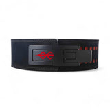 Front of Berserk Lifting Belt with logo. This anime-inspired powerlifting belt with adjustable lever offers ultimate lower back support for deadlifts and squats.