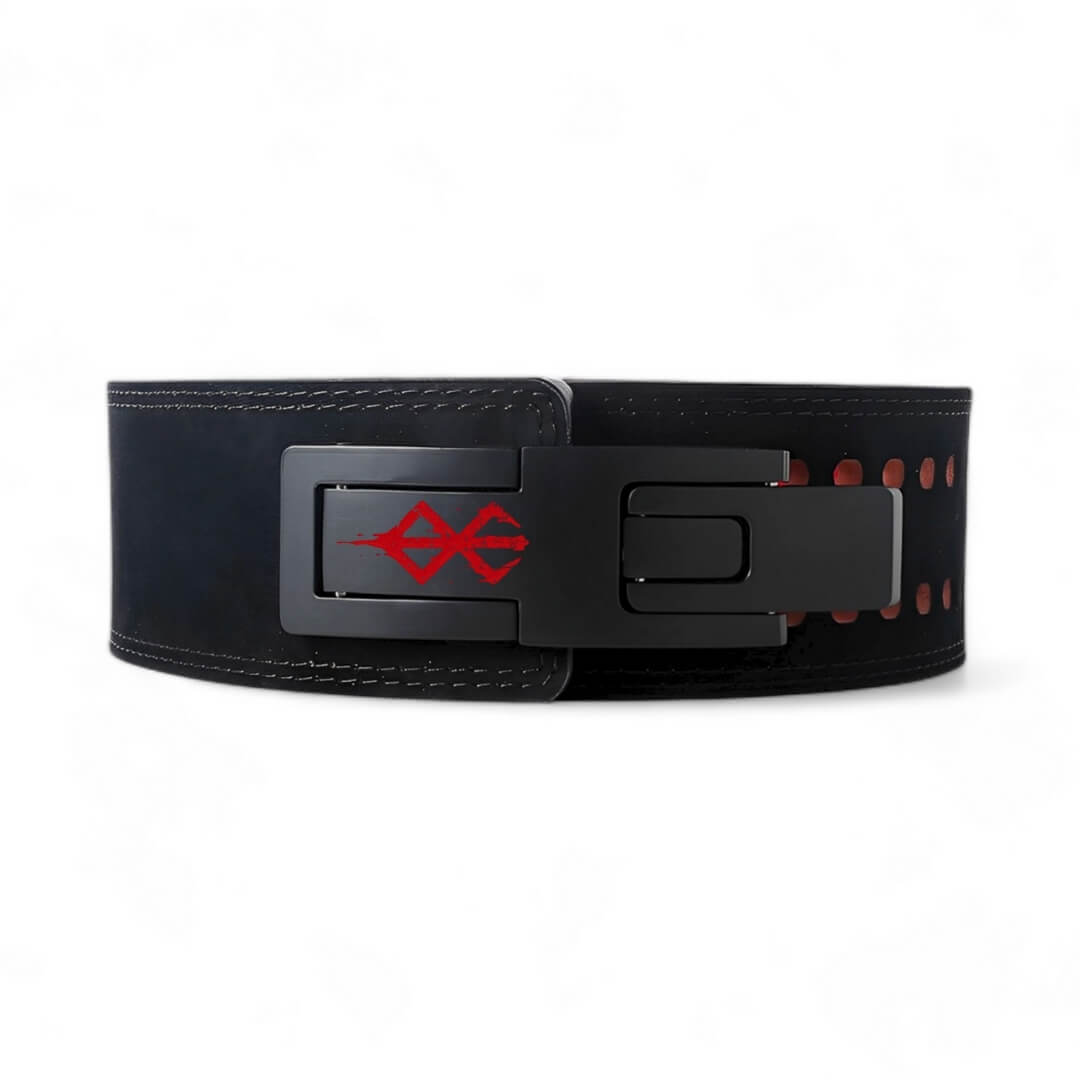 2nd image of Berserk weightlifting belt with Guts' logo on lever | Anime powerlifitng belt inspired by Berserk with Guts' Brand of Sacrifice symbold 