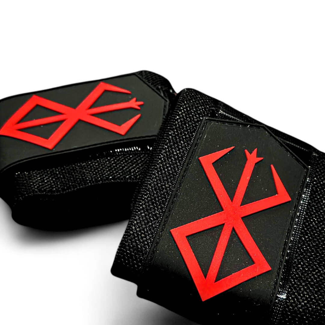 Close up view of Berserk Wrist Wraps on display | Anime wrist wraps that stabilizes wrists during weightlifting and other strength training sports