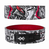 Front and rear view of Berserk Powerlifting Belt on display | anime lifting belt with manga artwork. Built for strength training sports