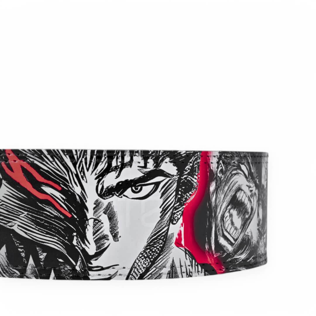 Enlarged rear view of Berserk Powerlifting Belt on display | anime lifting belt with manga artwork. Built for strength training sports