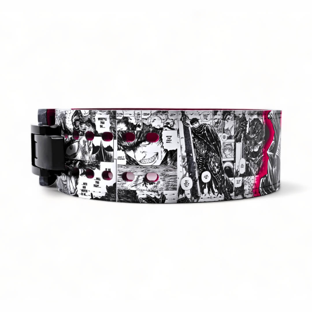 Side view of Berserk Powerlifting Belt on display | anime lifting belt with manga artwork. Built for strength training sports