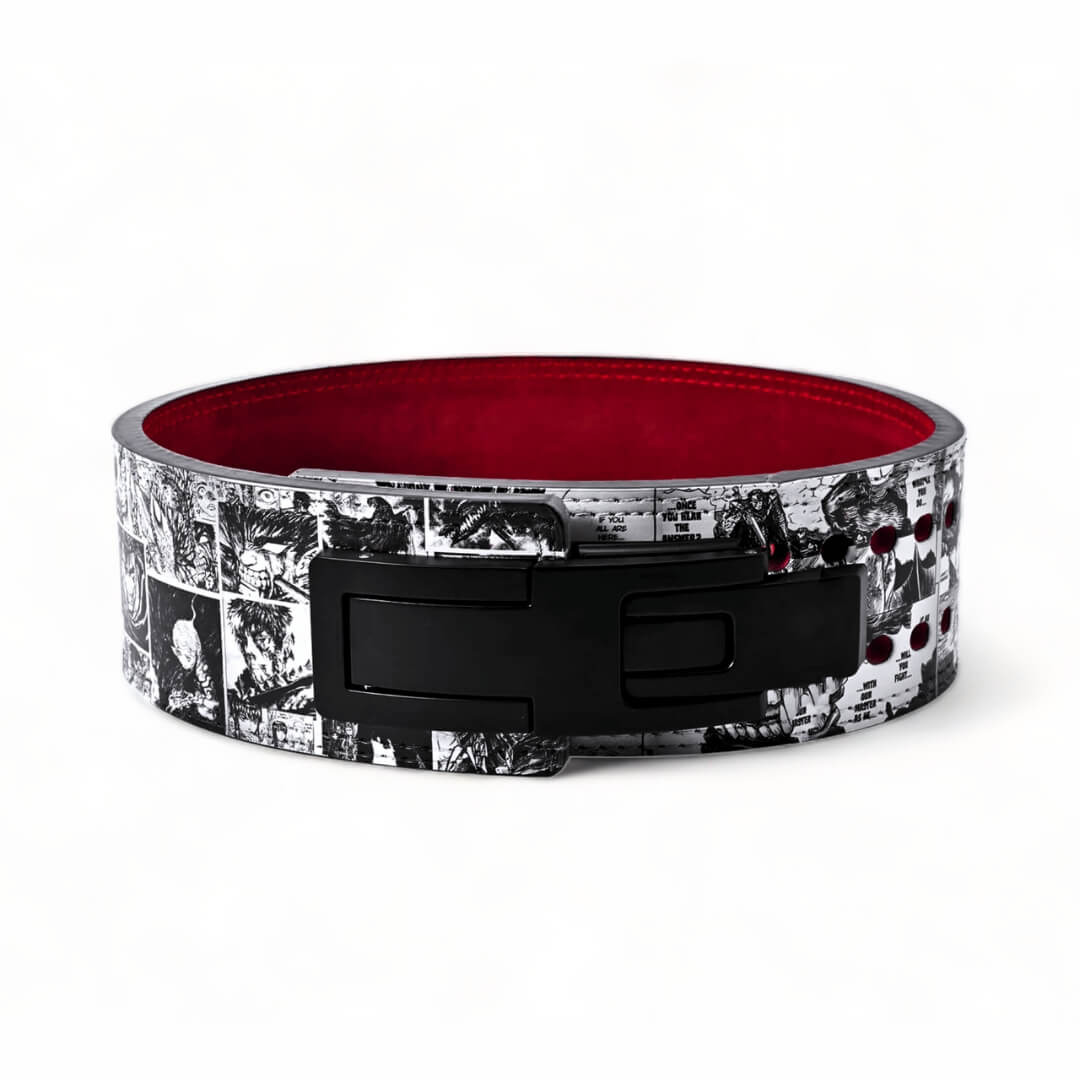 Front and rear view of Berserk Powerlifting Belt without logo on display | anime lifting belt with manga artwork. Built for strength training sports