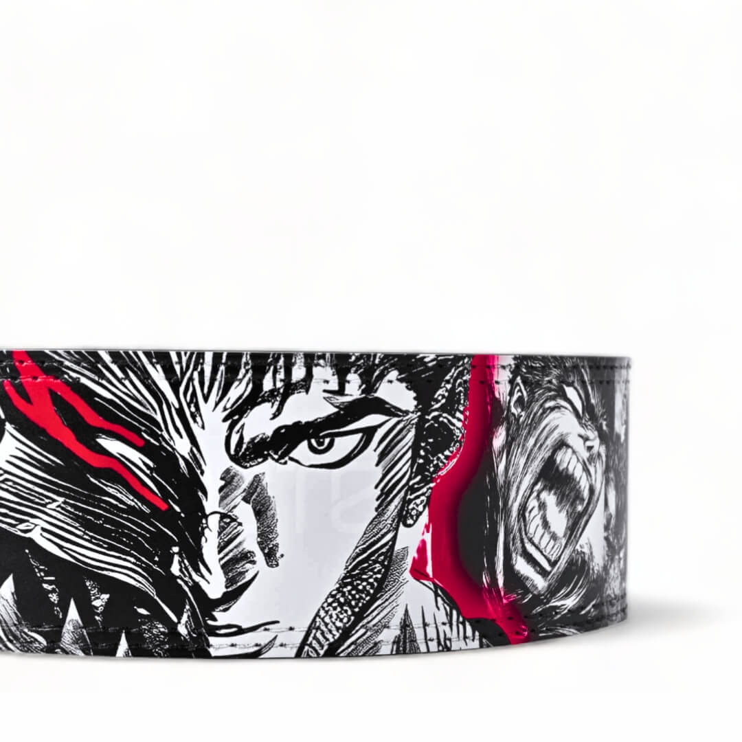 Enlarged rear view of Berserk Powerlifting Belt on display | anime lifting belt with manga artwork. Built for strength training sports