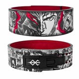 Front and rear view of Berserk Powerlifting Belt with logo on display | anime lifting belt with manga artwork. Built for strength training sports