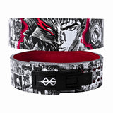 Front and rear view of Berserk Powerlifting Belt on display | anime lifting belt with manga artwork. Built for strength training sports