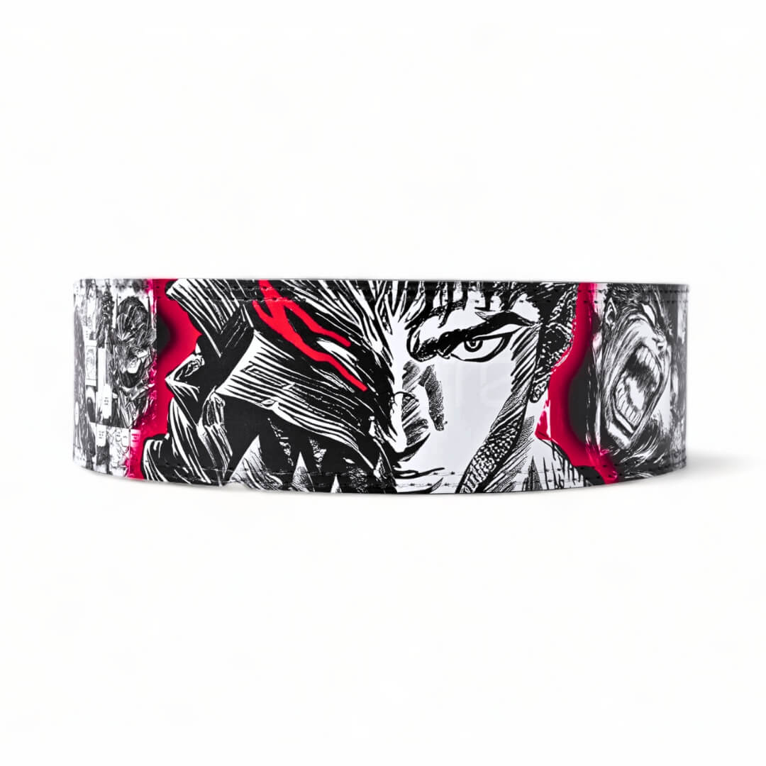 Rear view of Berserk Powerlifting Belt on display | anime lifting belt with manga artwork. Built for strength training sports