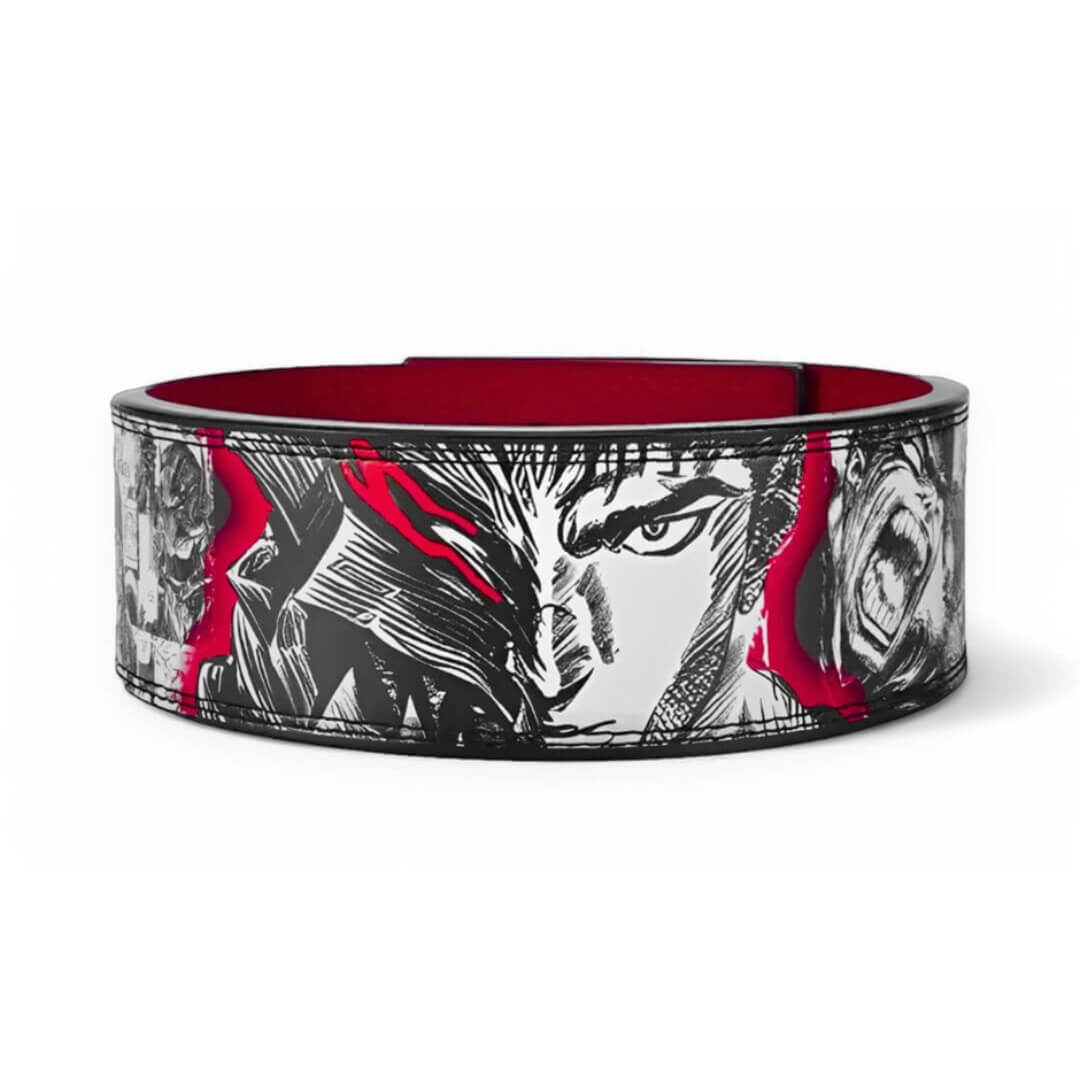 Main image of Berserk Weightlifting Belt on display | anime lifting belt with manga artwork. Built for strength training sports