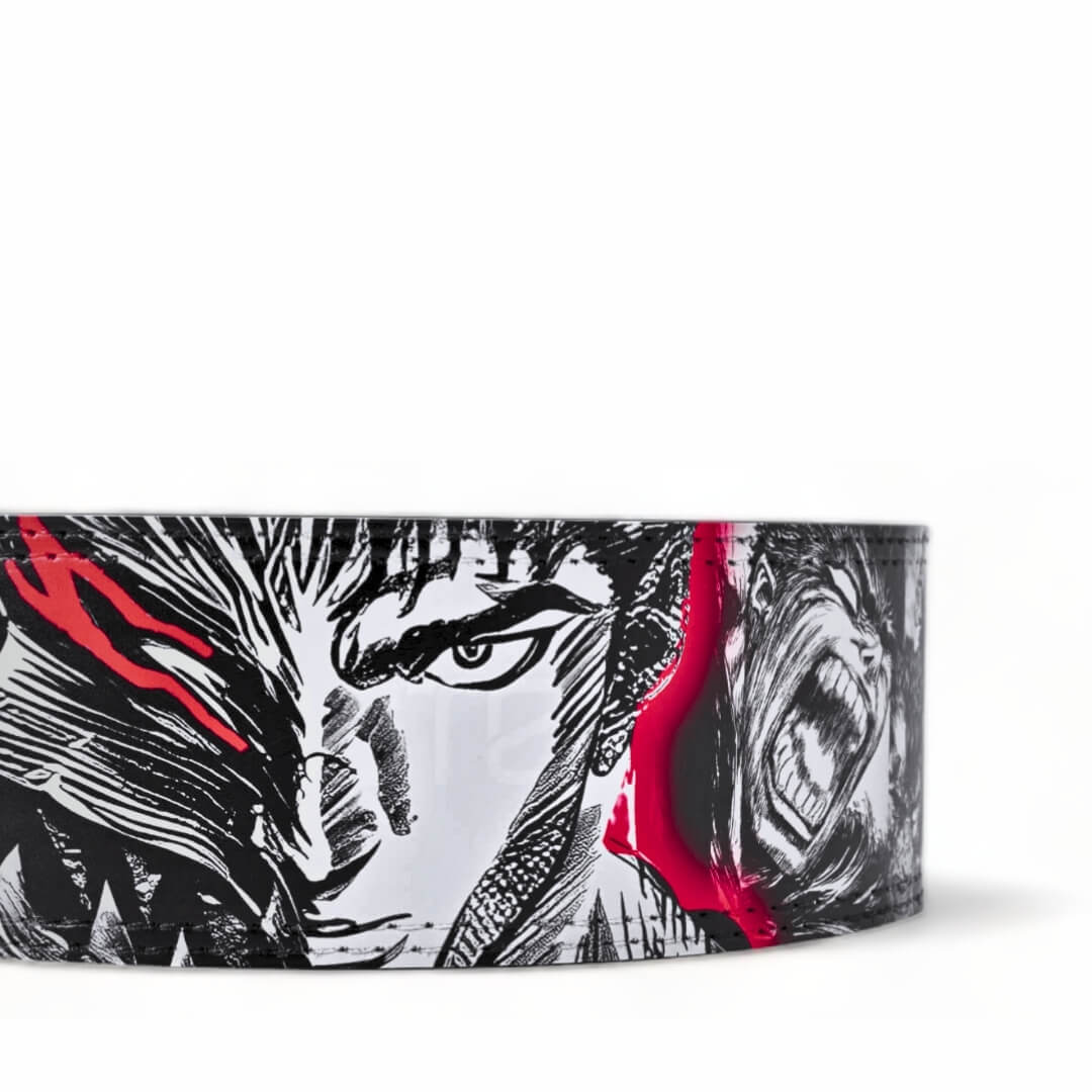 Enlarged rear view of Berserk Powerlifting Belt on display | anime lifting belt with manga artwork. Built for strength training sports