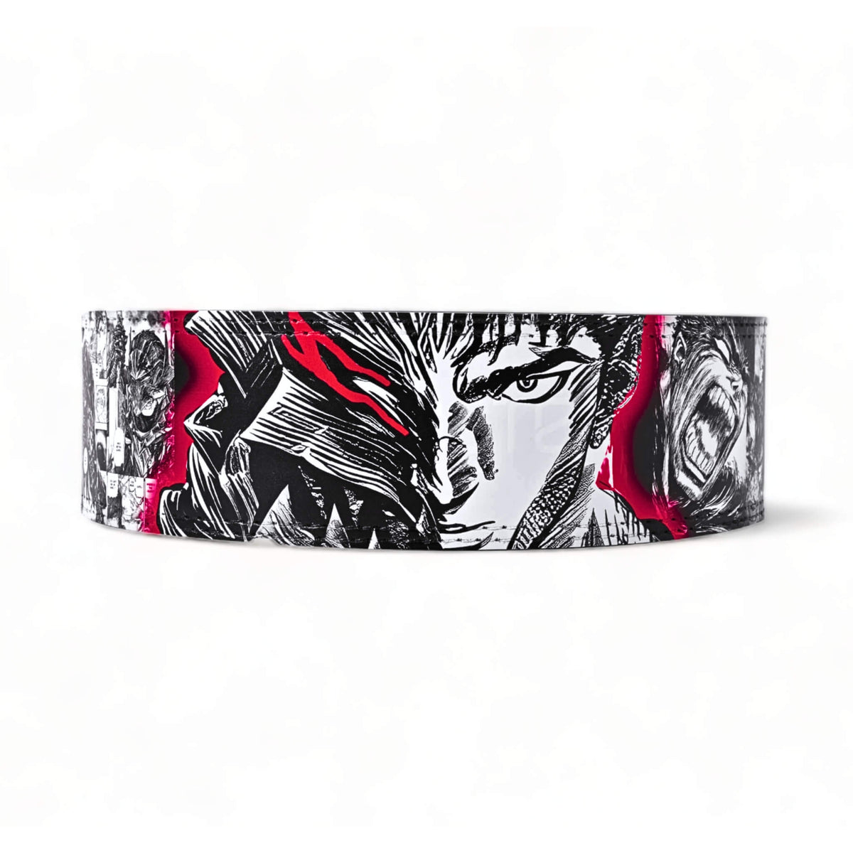 Rear view of the Berserk "Warrior" Powerlifting Belt highlighting the manga-inspired design and red interior lining. Ideal for weightlifting and anime fans.