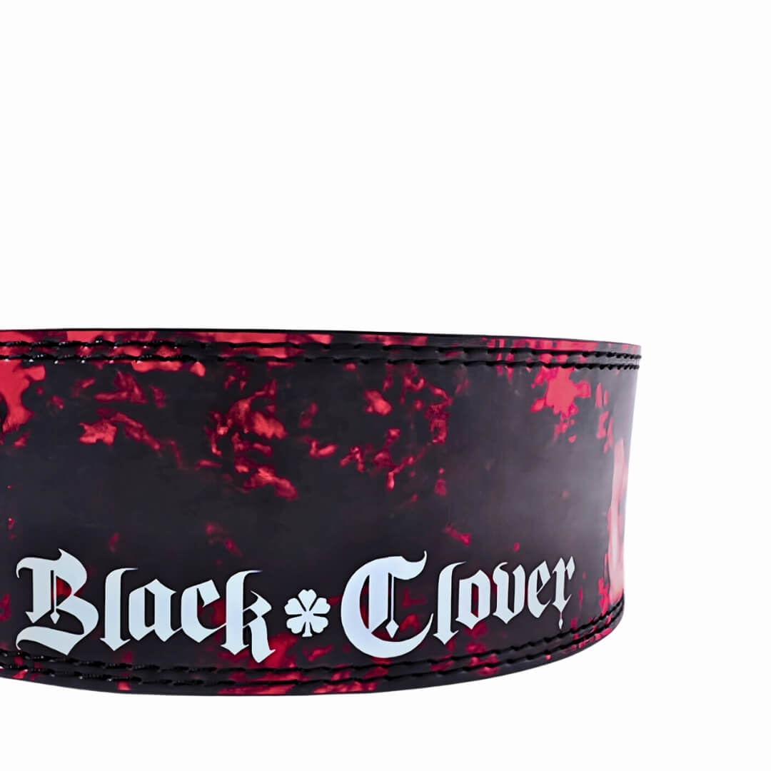 Closed up rear view of black clover lever belt  | Anime weightlifting belt for strength sports such as powerlifting