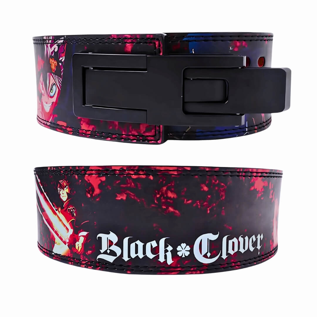 Front and rear view of black clover lever belt  | Anime weightlifting belt for strength sports such as powerlifting