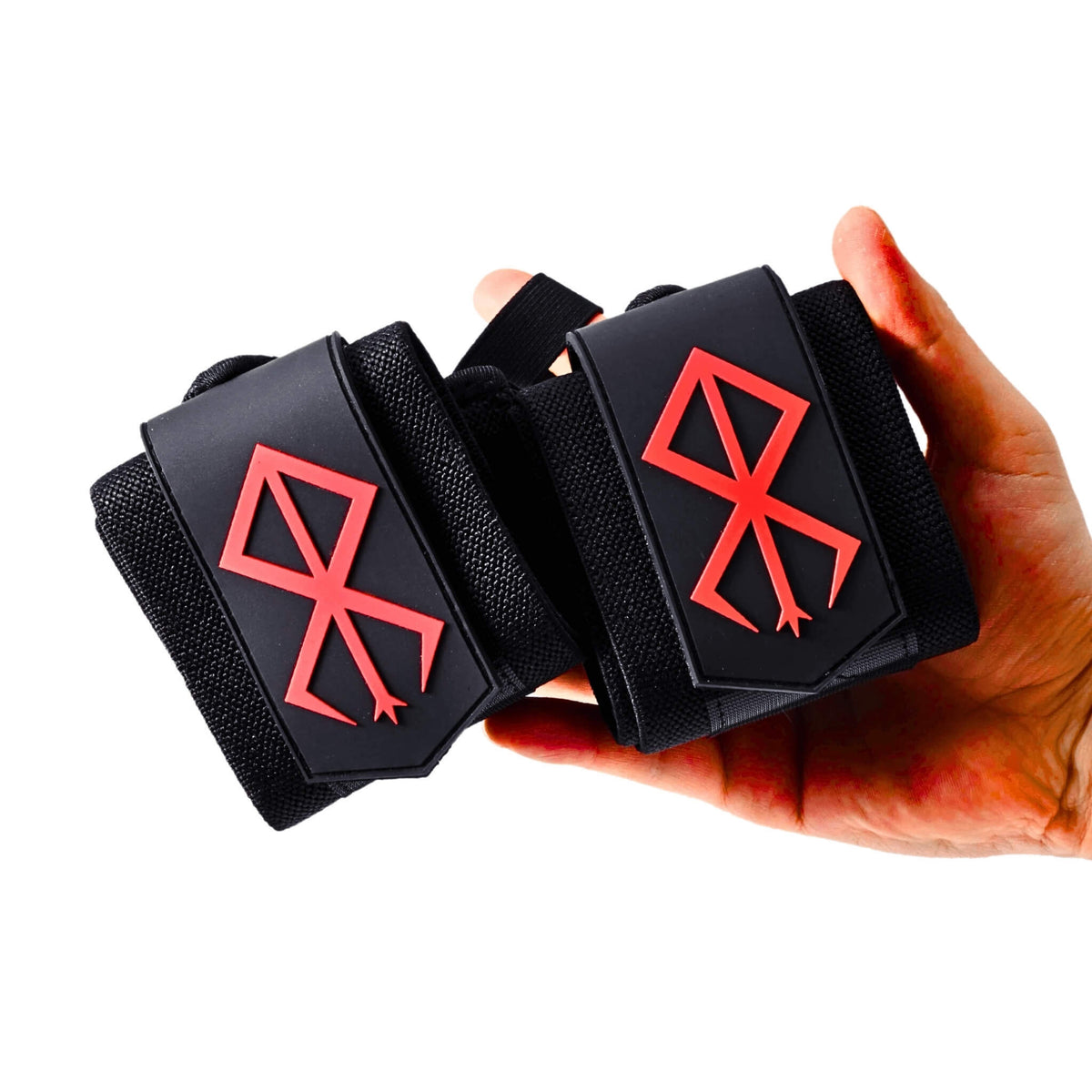 Berserk Wrist Wraps On Display. Perfect for weightlifting,and strength training. A unique anime gym gear gift for fitness lovers.