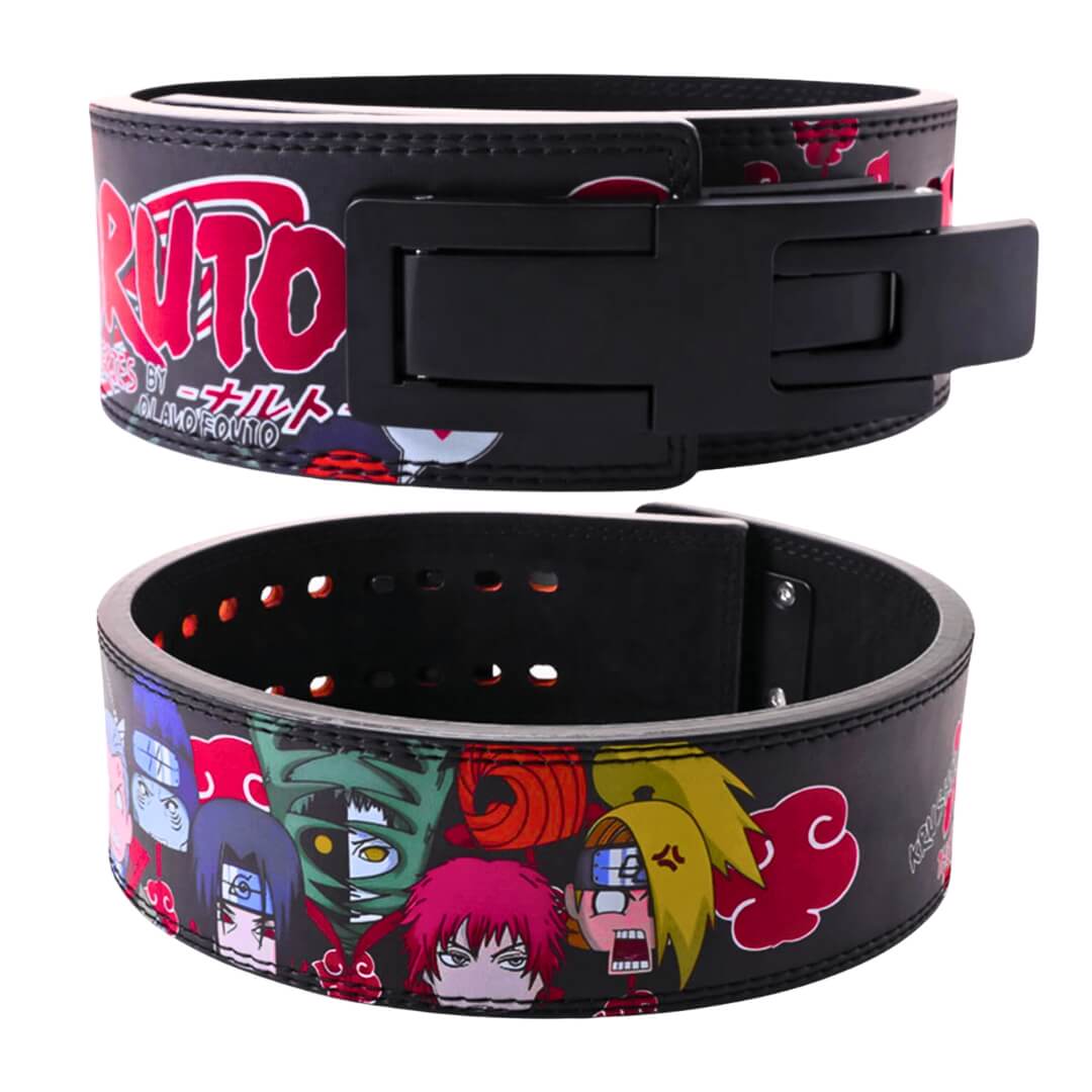 Side and rear view of Chibi Akatsuki weightlifting belts | Anime lifting belts with printed design highlighting the detailed characters from Naruto