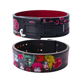 Front and back view of the Akatsuki chibi powerlifting belt, displaying colorful characters and a sturdy adjustable lever buckle against a black background.