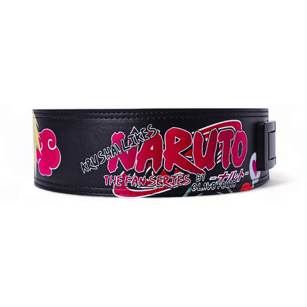 Akatsuki chibi powerlifting belt laid flat, highlighting the intricate chibi character designs and the durable, supportive construction with a lever buckle.