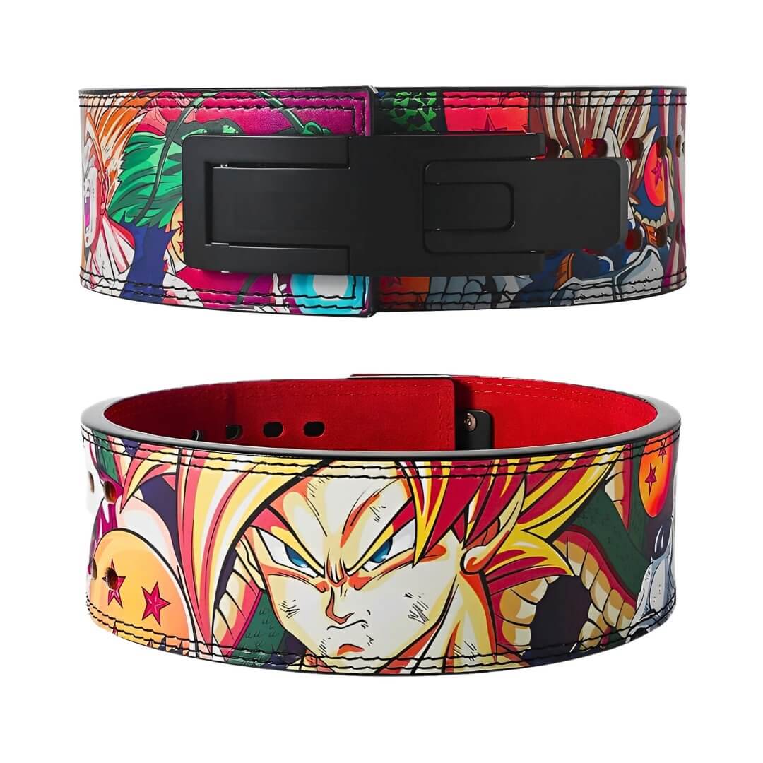 Front view of the Dragon Ball Z lifting belt showcasing Goku's fierce expression and Frieza, with detailed, vibrant illustrations and a sturdy black buckle.