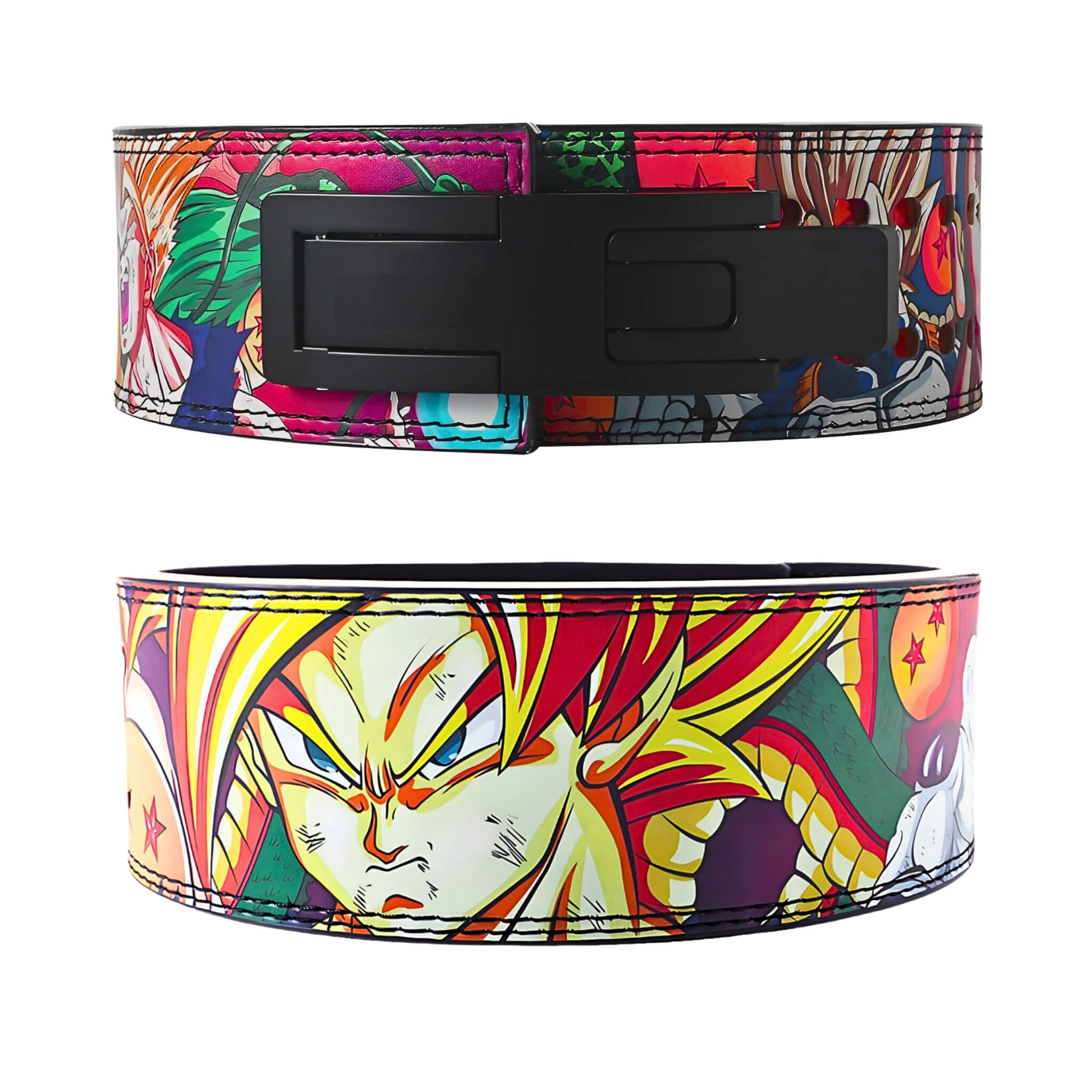 Front view of the Dragon Ball Z lifting belt showcasing Goku's fierce expression and Frieza, with detailed, vibrant illustrations and a sturdy black buckle.