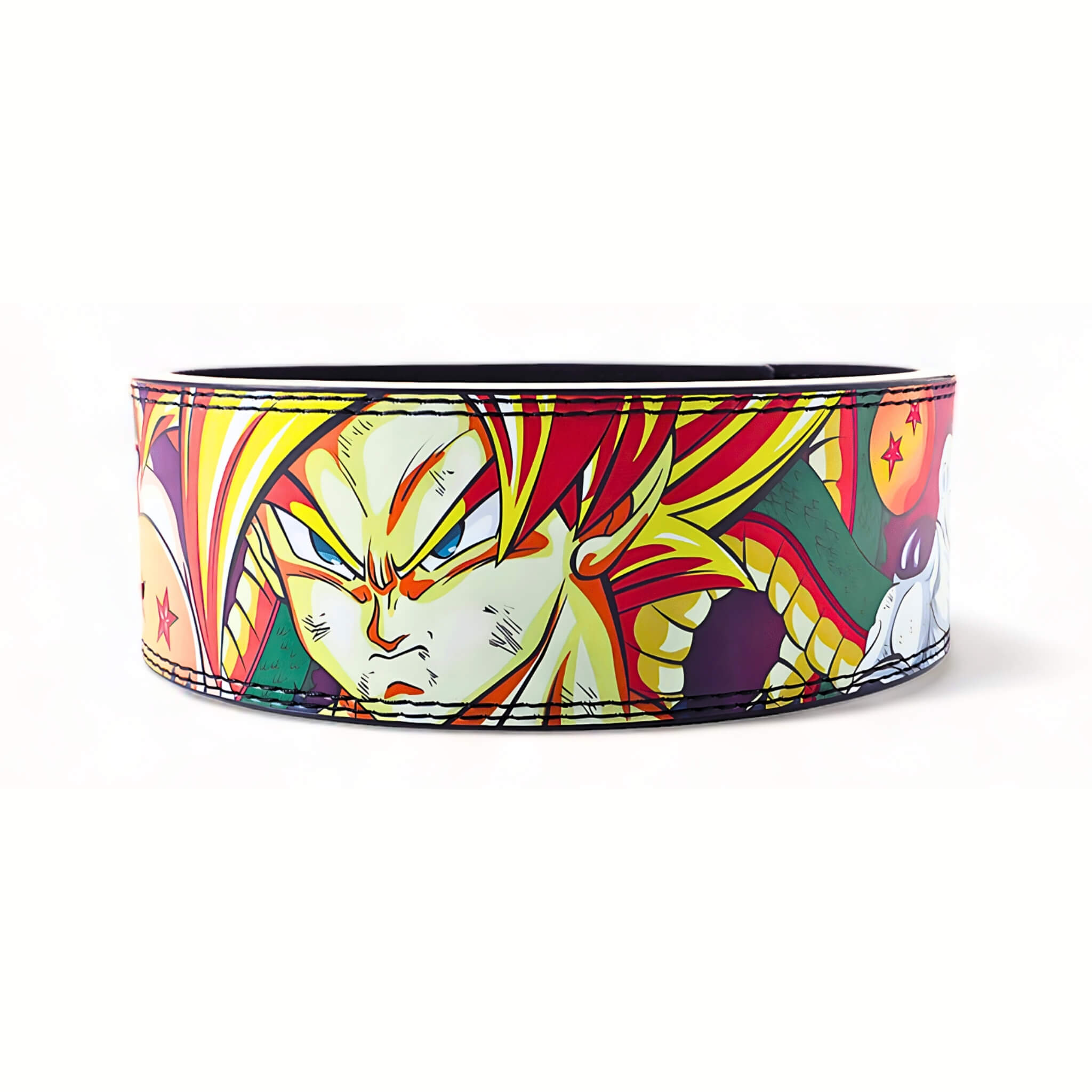 Back view of the Dragon Ball Z lifting belt with Goku's intense expression, detailed artwork, and a durable black buckle for secure support during workouts.