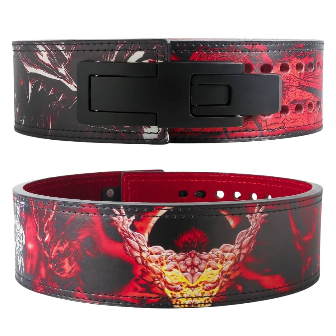 Front and rear display of Baki Anime Powerlifting Belt with its eye-catching design. The belt lies flat, displaying both the striking artwork of Yujiro Hanma and the sturdy, adjustable black buckle, perfect for powerlifting and weight training.