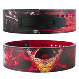 Front and rear display of Baki Anime Powerlifting Belt with its eye-catching design. The belt lies flat, displaying both the striking artwork of Yujiro Hanma and the sturdy, adjustable black buckle, perfect for powerlifting and weight training.