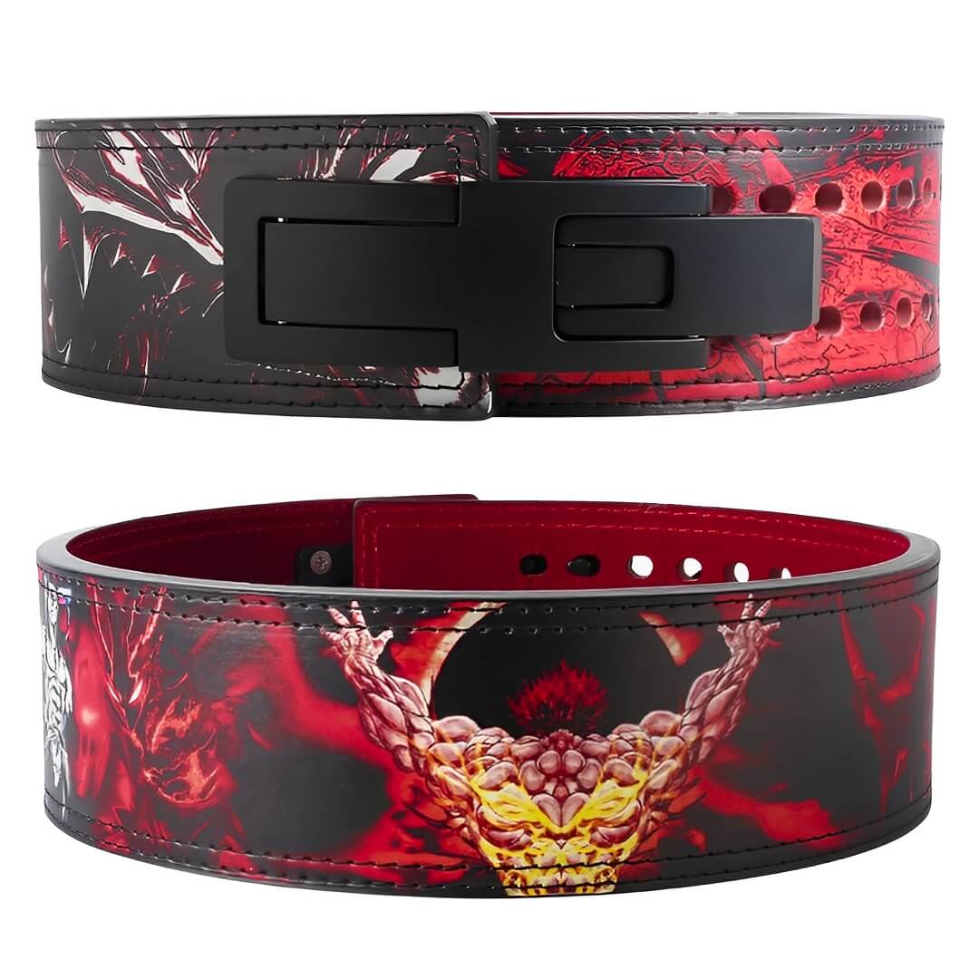 Front and rear display of Baki Anime Powerlifting Belt with its eye-catching design. The belt lies flat, displaying both the striking artwork of Yujiro Hanma and the sturdy, adjustable black buckle, perfect for powerlifting and weight training.