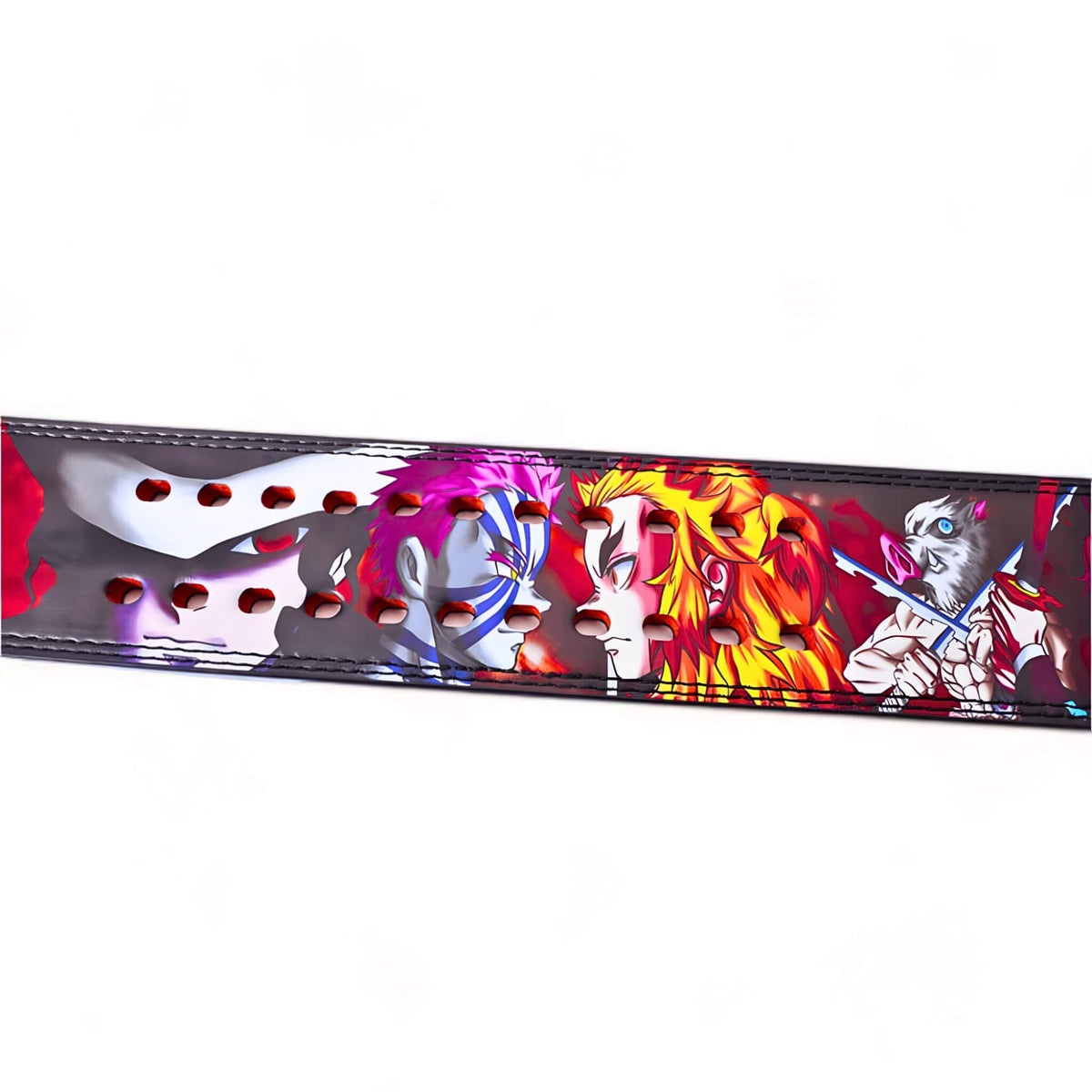 Vibrant Demon Slayer weightlifting belt featuring intense character artwork of Akaza and Kyojuro Rengoku in a dramatic face-off.