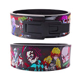 Front and back view of Demon Slayer lifting belt displaying detailed anime characters, perfect for weightlifting and strength training.