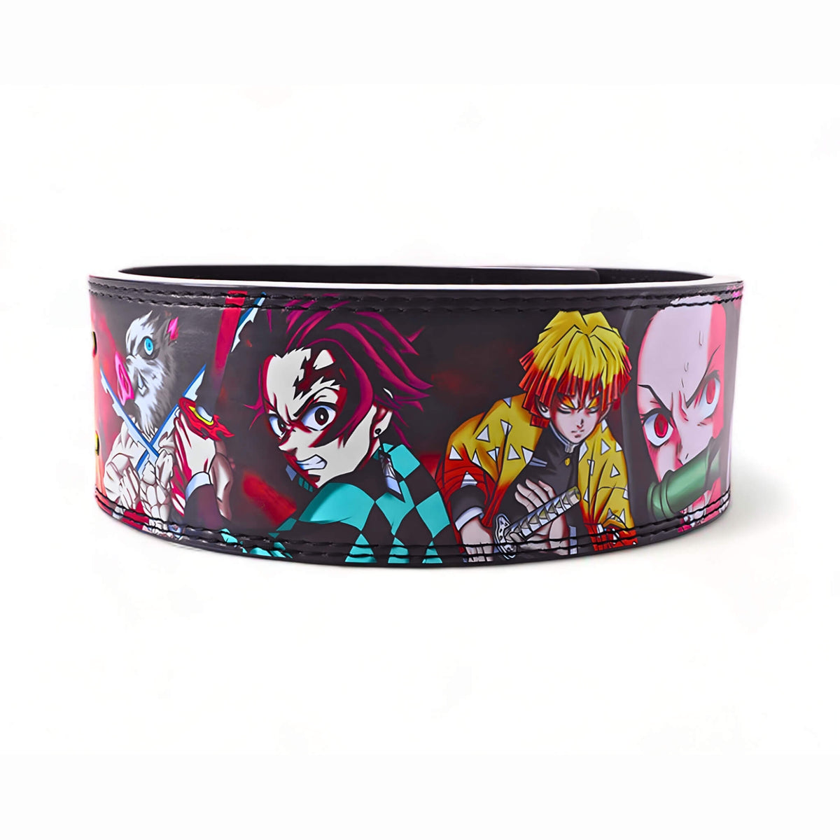 Close-up of Demon Slayer lifting belt featuring fierce character artwork, including Tanjiro, Inosuke, and Zenitsu, for anime fans.