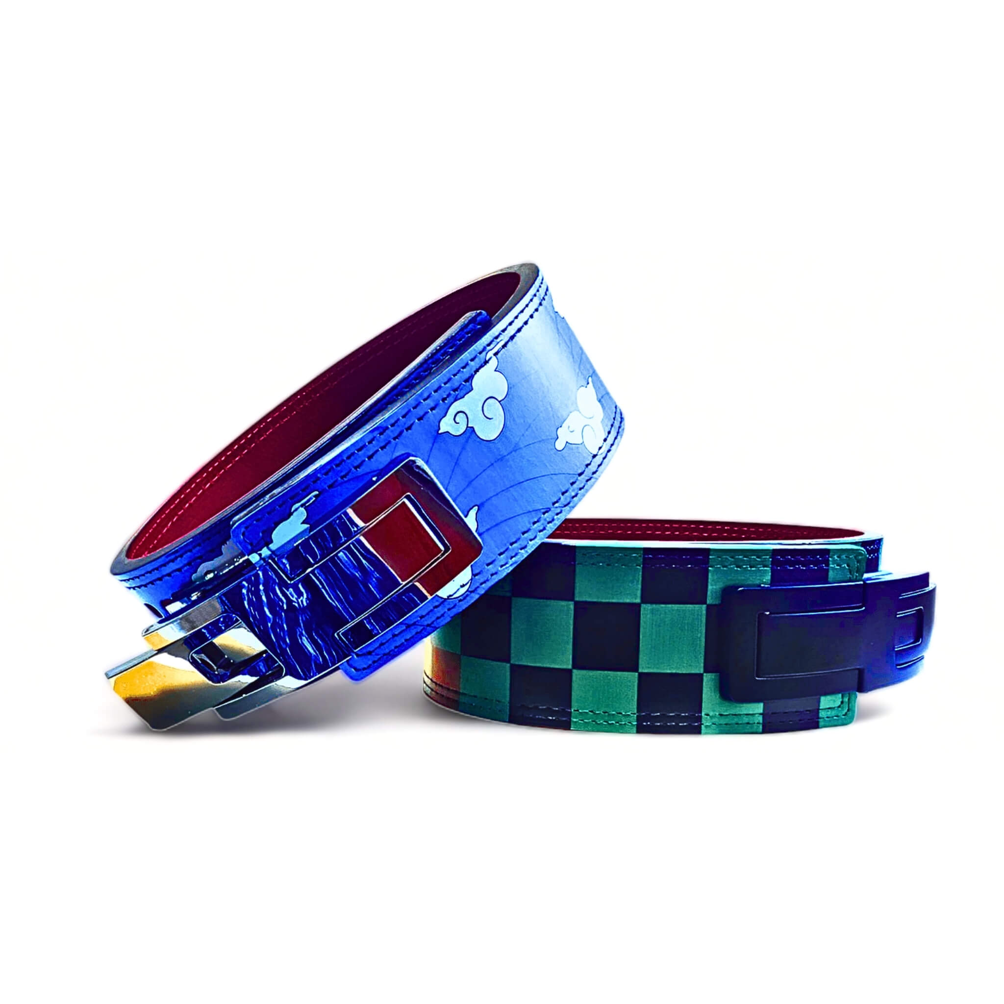 Two powerlifting belts, one blue with white cloud patterns and one green and black checkered, featuring quick-release lever buckles. Inspired by Demon Slayer, designed for lifting and gym enthusiasts.