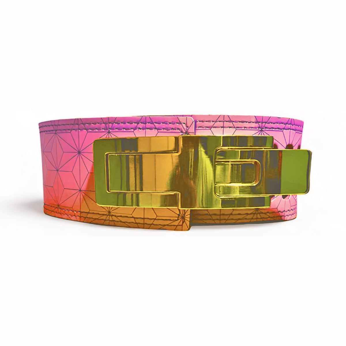 Pink powerlifting belt with geometric patterns and a gold quick-release lever buckle. Inspired by the Demon Slayer series, combining unique anime design with functionality for serious lifters.