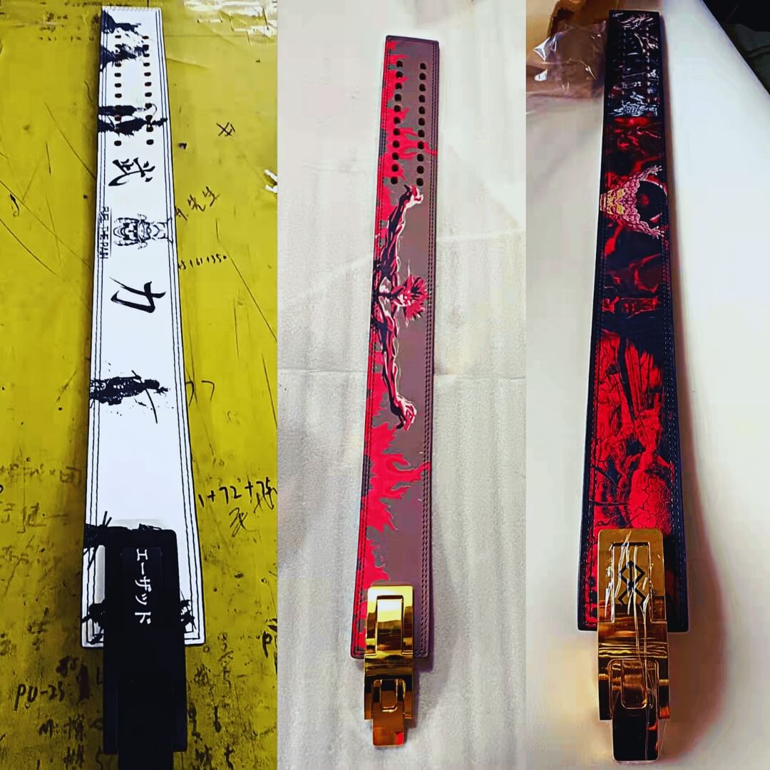 Custom anime lifting belts on display