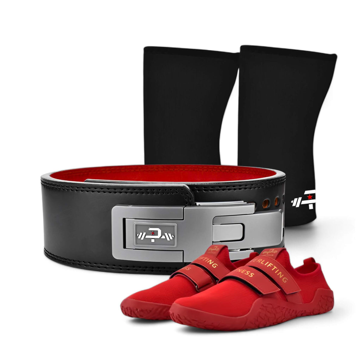 13mm Lever Belt with adjustable lever, deadlift Slippers, and 7mm Knee Sleeves from Dragon's Startup Kit 1.0