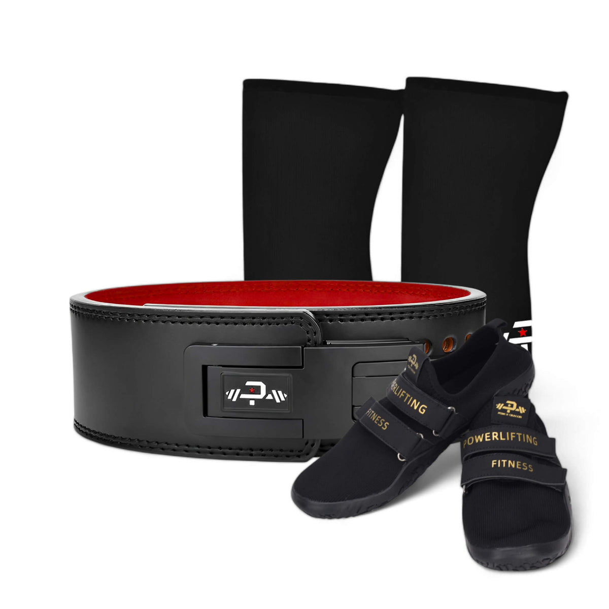 13mm Powerlifting Belt with black adjustable lever, black deadlift Slippers, and 7mm Knee Sleeves from Dragon's Startup Kit 1.0