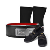 13mm Powerlifting Belt with gray adjustable lever, black deadlift Slippers, and 7mm Knee Sleeves from Dragon's Startup Kit 1.0