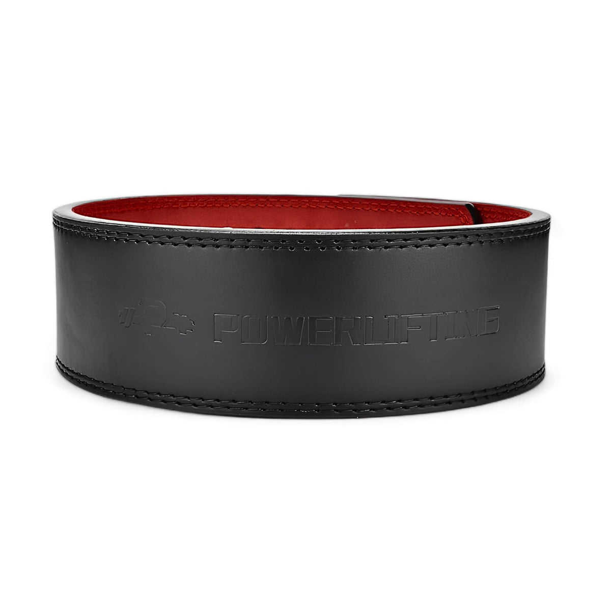 CLOSE UP OF REAR - This elite belt combines a sleek black leather exterior with a striking red interior. The robust lever buckle ensures secure support, making it ideal for heavy lifting and strength training.