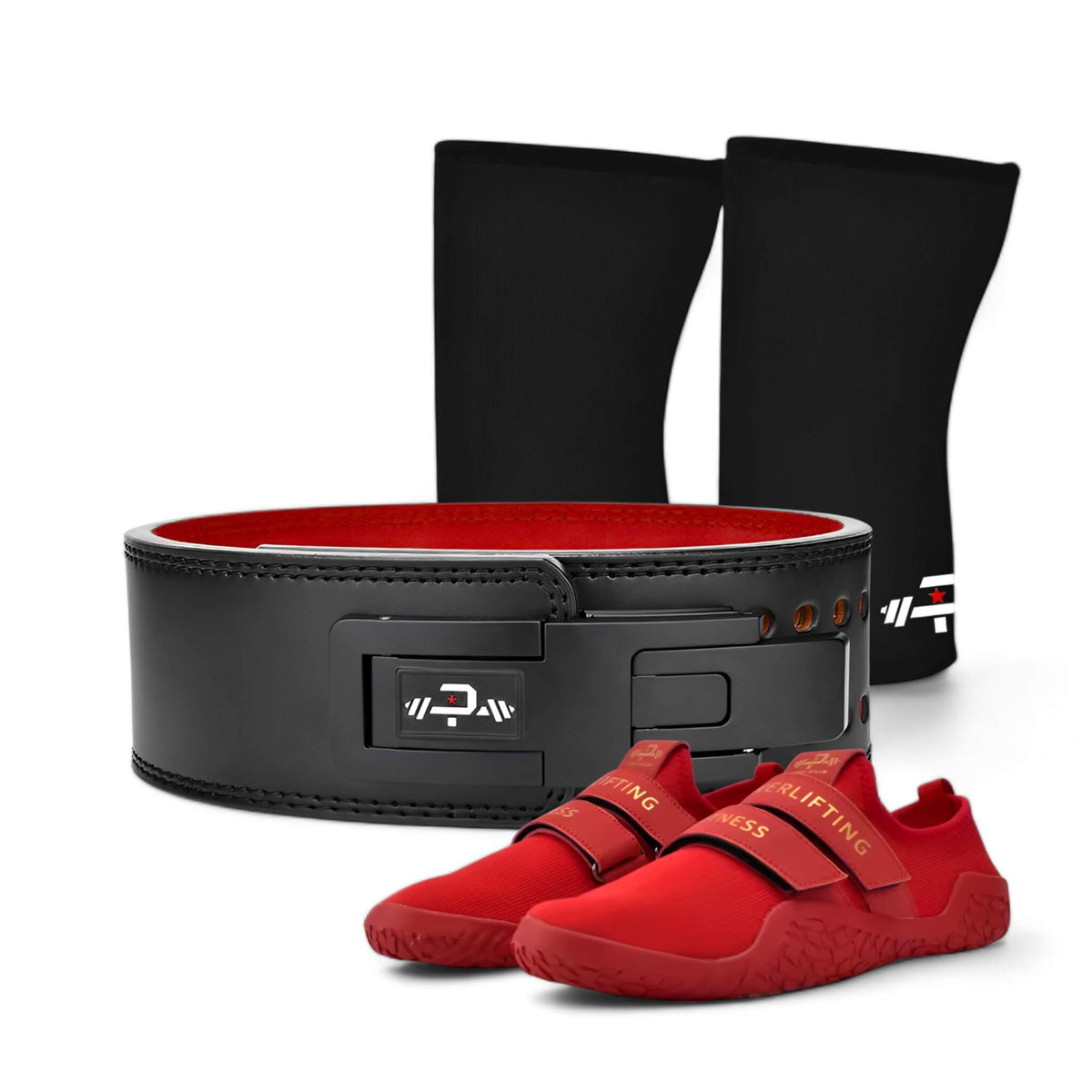 13mm Powerlifting Belt with adjustable lever, deadlift Slippers, and 7mm Knee Sleeves from Dragon's Startup Kit 1.0