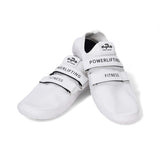 White deadlift slippers for powerlifting that gives stability while squatting and deadlifting