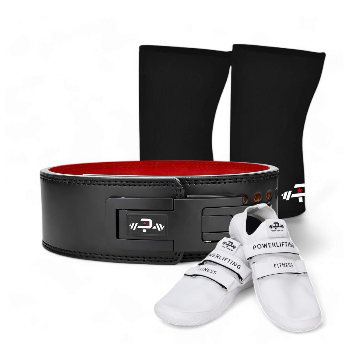 13mm Powerlifting Belt with black adjustable lever, white deadlift Slippers, and 7mm Knee Sleeves from Dragon's Startup Kit 1.0