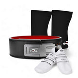 13mm Powerlifting Belt with gray adjustable lever, white deadlift Slippers, and 7mm Knee Sleeves from Dragon's Startup Kit 1.0