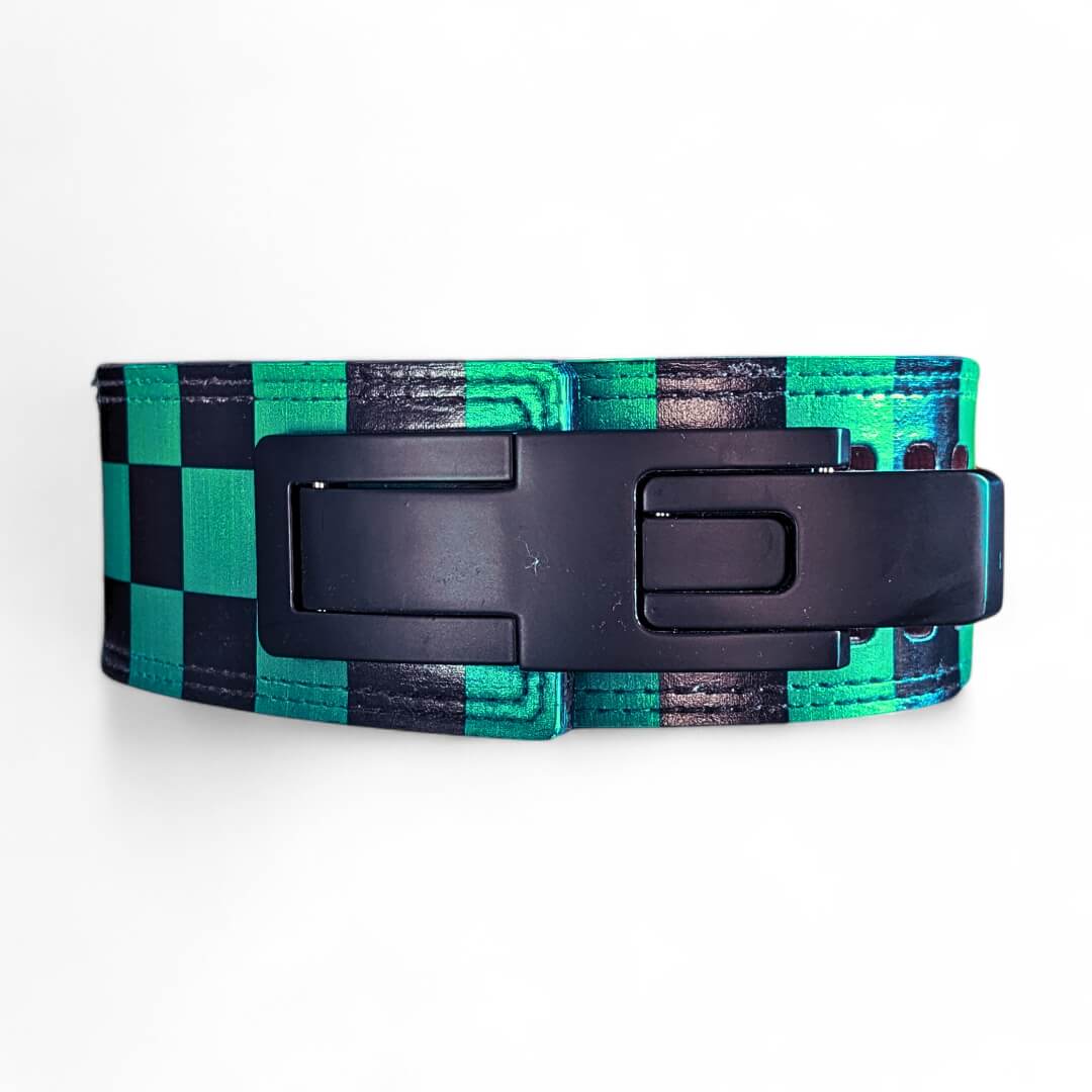 Close-up of demon slayer powerlifting belt | anime lifting belt inspired by Tanjiro for squats and deadlifts