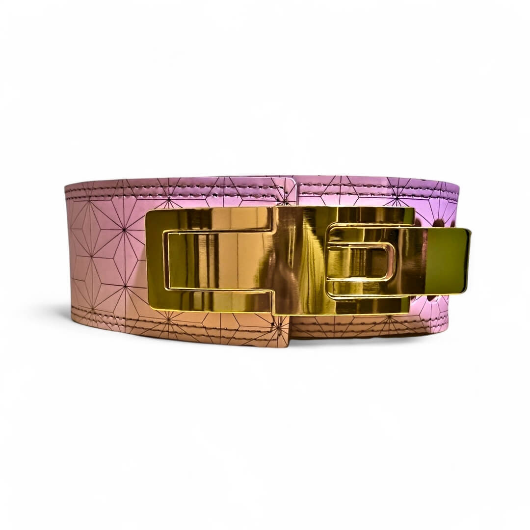 Nezuko inspired lifting belt witha gold quick-release lever buckle. | anime lifting belt for squats, deadlifts and strength sports