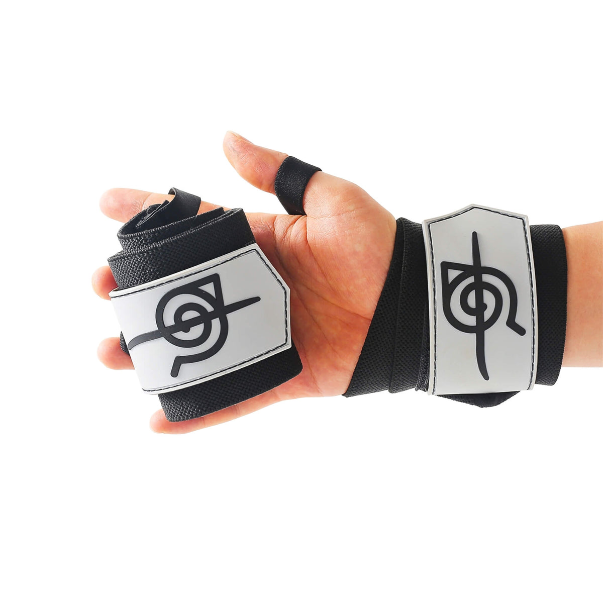 Hidden Leaf Wrist Wraps On Display. Perfect for weightlifting,and strength training. A unique anime gym gear gift for fitness lovers.