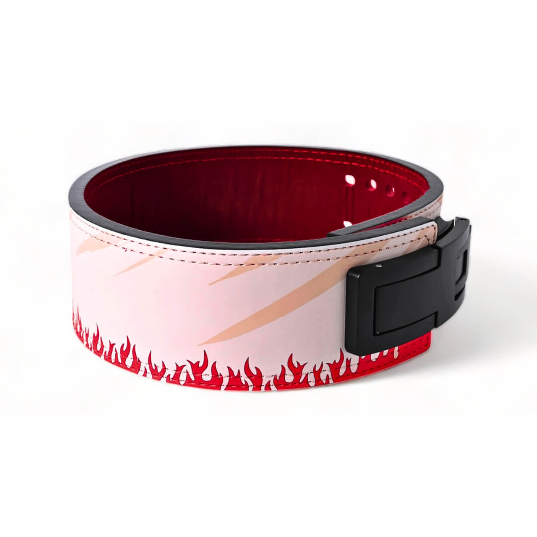 Side view of Hokage Litfting Belt | Naruto lifting belts featuring bold red flame design and durable construction, it's ideal for powerlifters and anime enthusiasts.