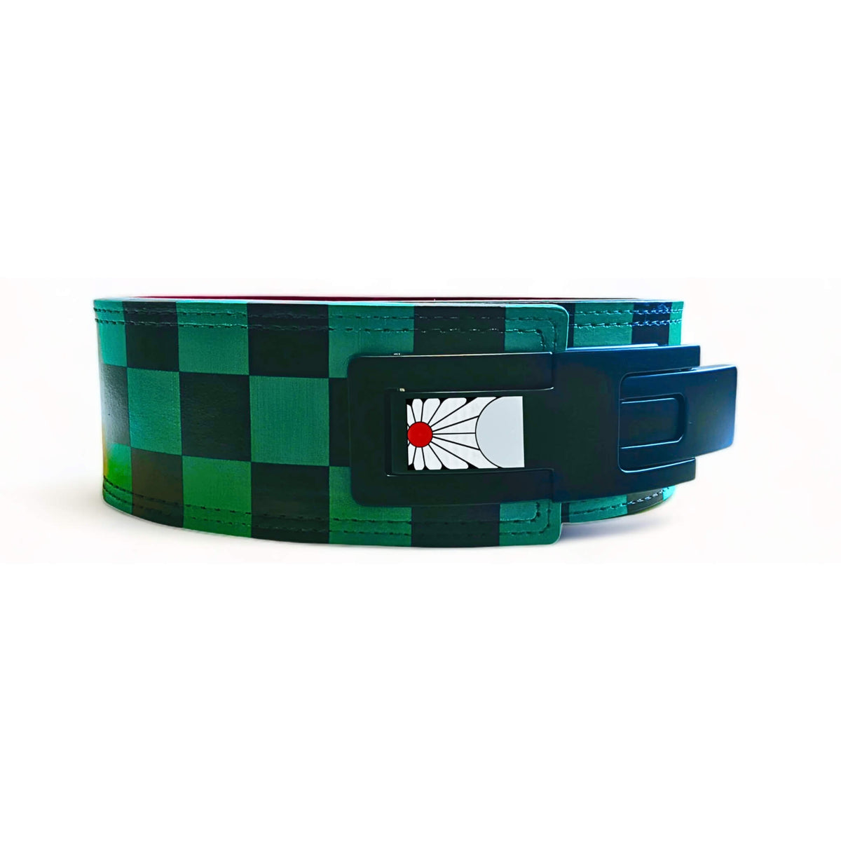 Side view of the Ichimatsu weightlifting belt with a green and black checkered pattern, inspired by Tanjiro's iconic kimono.