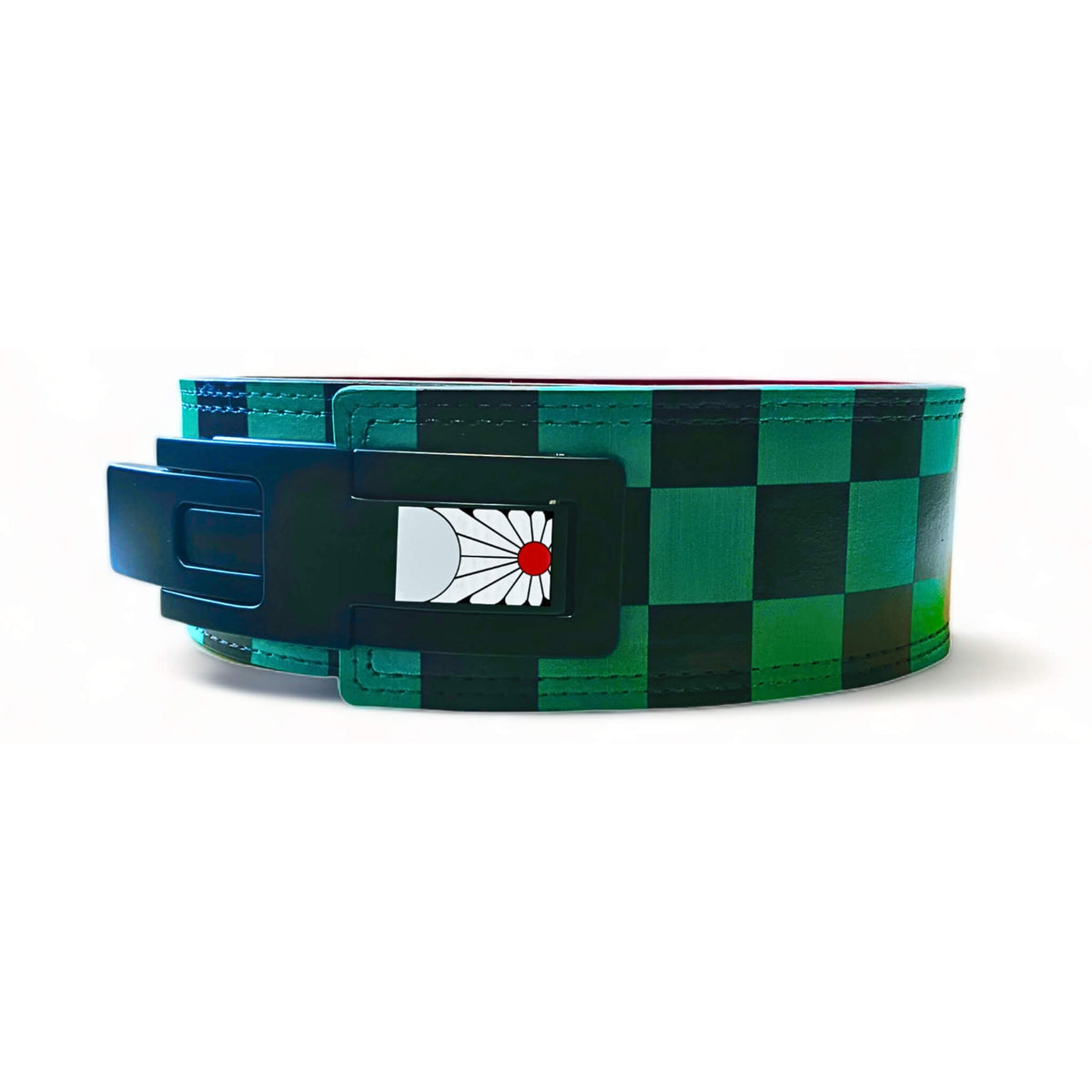 Front view of the Ichimatsu weightlifting belt, showcasing the green and black checkered pattern and Hanafuda design for ultimate lifting style.