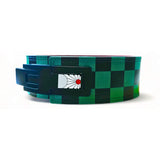 Front view of the Ichimatsu weightlifting belt, showcasing the green and black checkered pattern and Hanafuda design for ultimate lifting style.