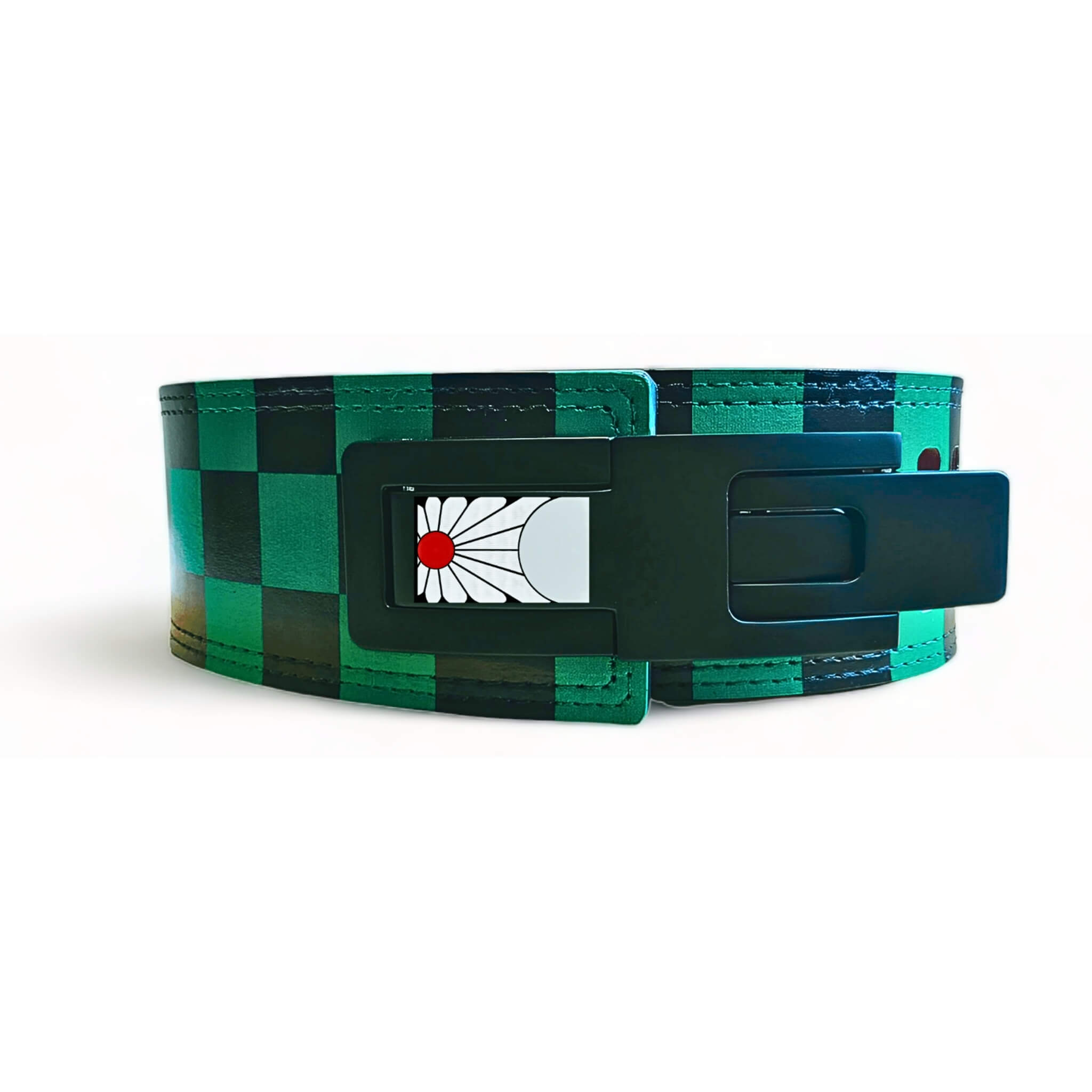 Tanjiro-inspired Ichimatsu weightlifting belt with green and black checkered pattern and Hanafuda design, perfect for serious lifters.